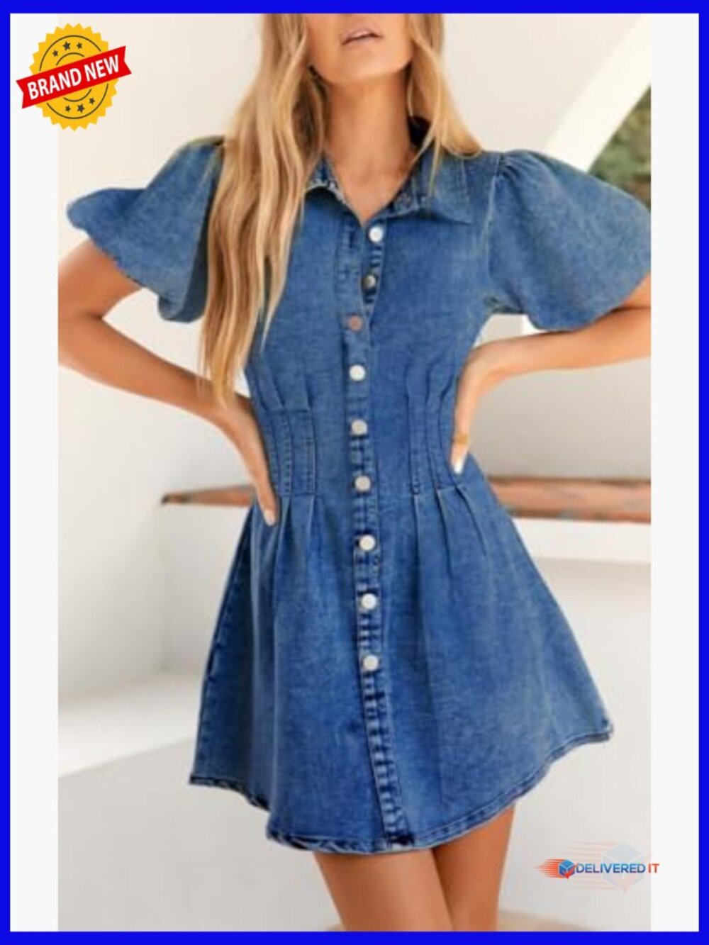 Puff Sleeve Slim Fit Jean Dress for Women Mini Casual Summer - Picture 6 of 7
